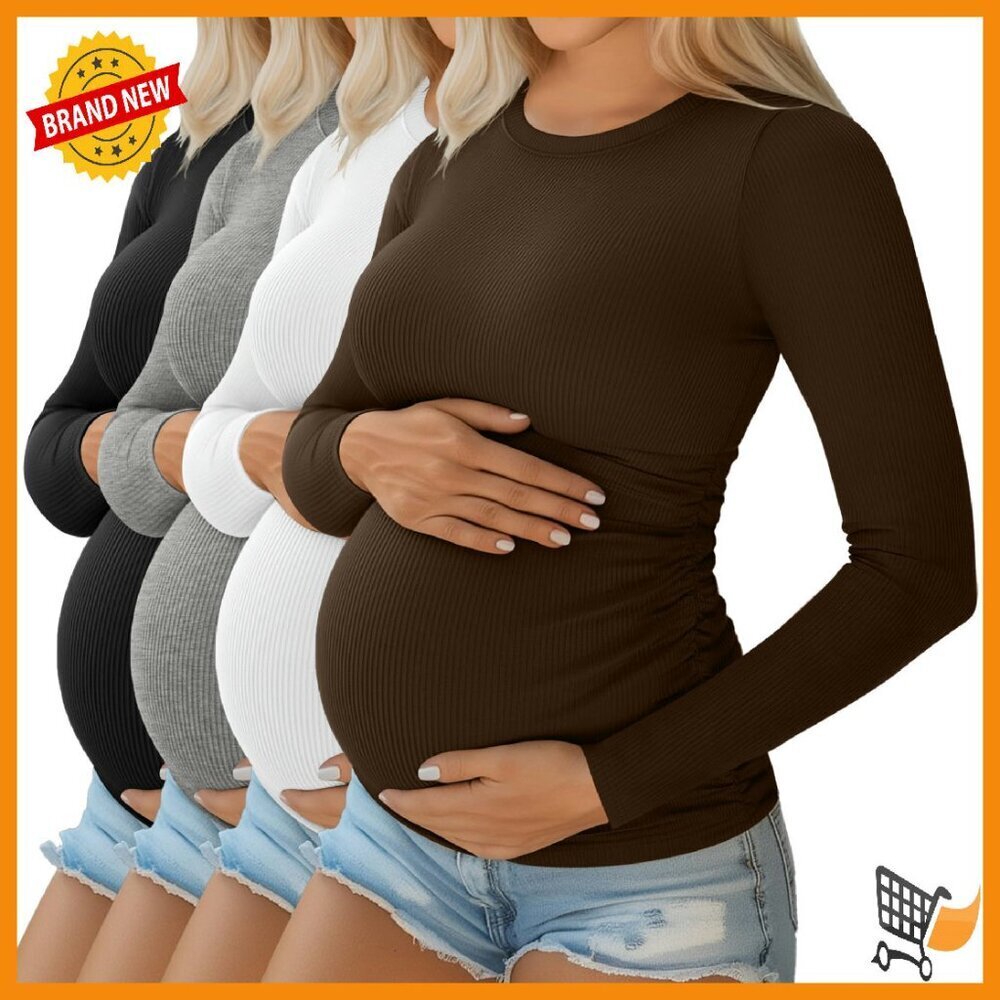 4 Pack Maternity Tops Long Sleeve Ribbed Cotton Crew Neck Side Ruched